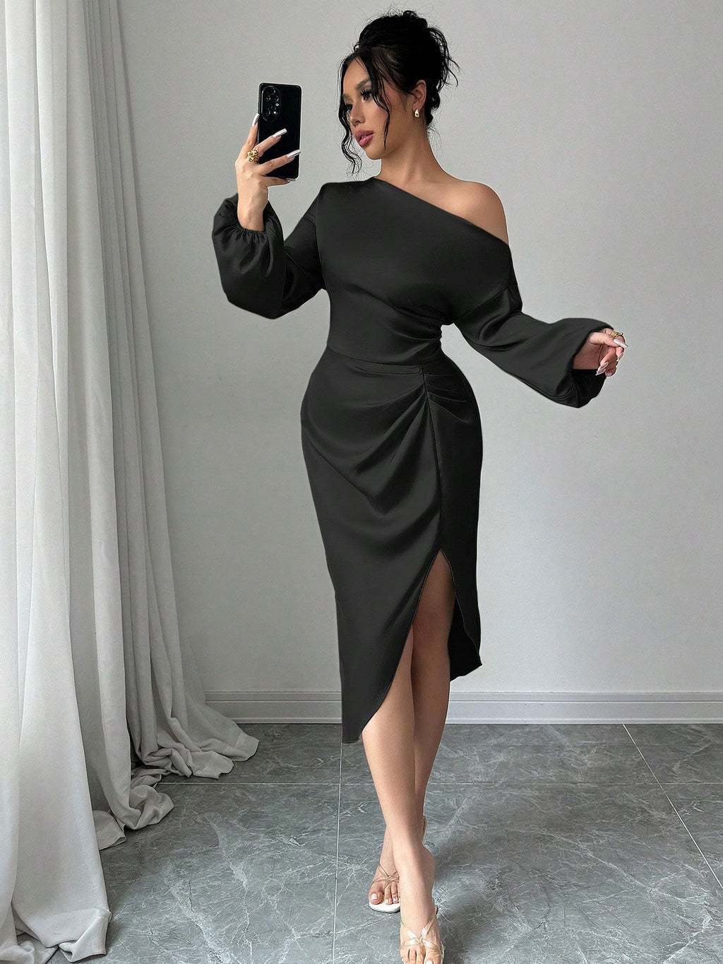 Off Shoulder Long Sleeve Dress With A Slanted Neckline by Ricaloux