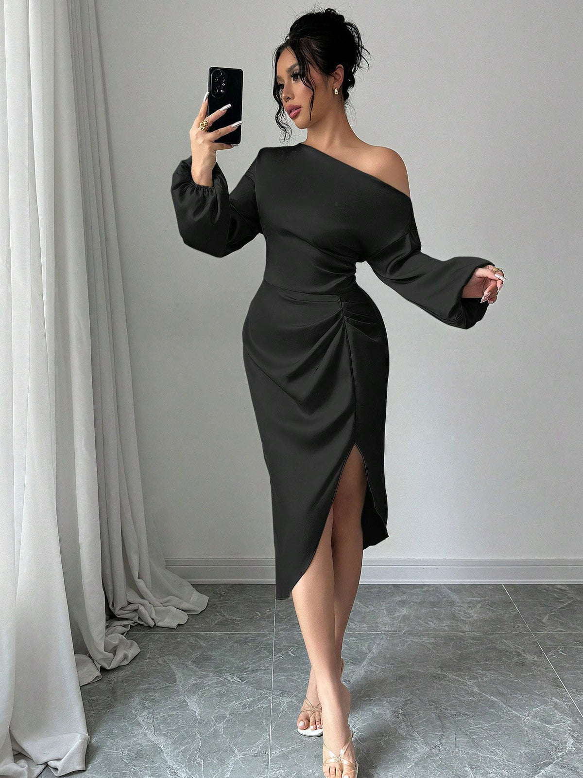 Off Shoulder Long Sleeve Dress With A Slanted Neckline by Ricaloux