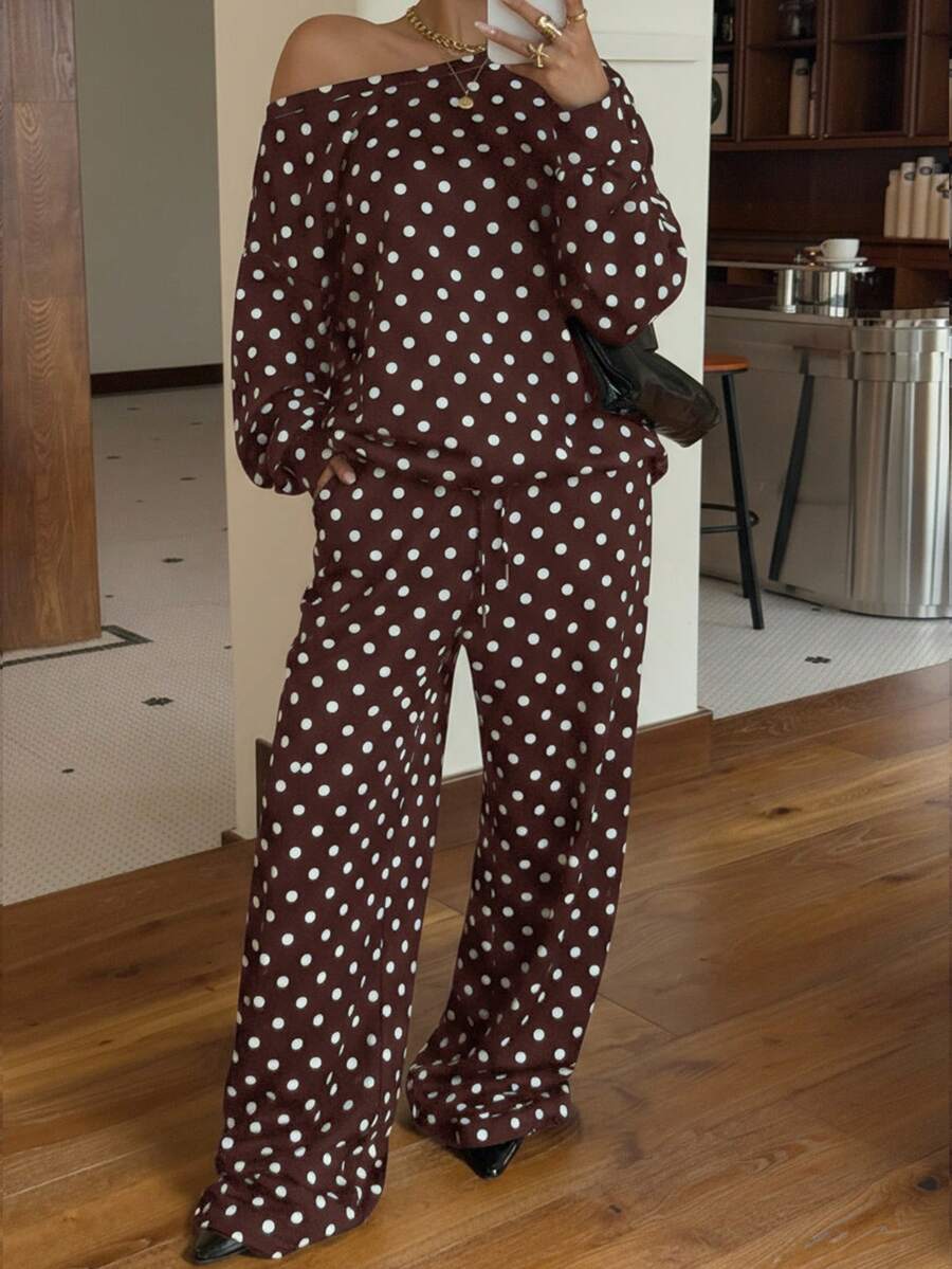 Polka-dot Print Long-sleeve Pants Casual Loose-fitting Set by Ricaloux
