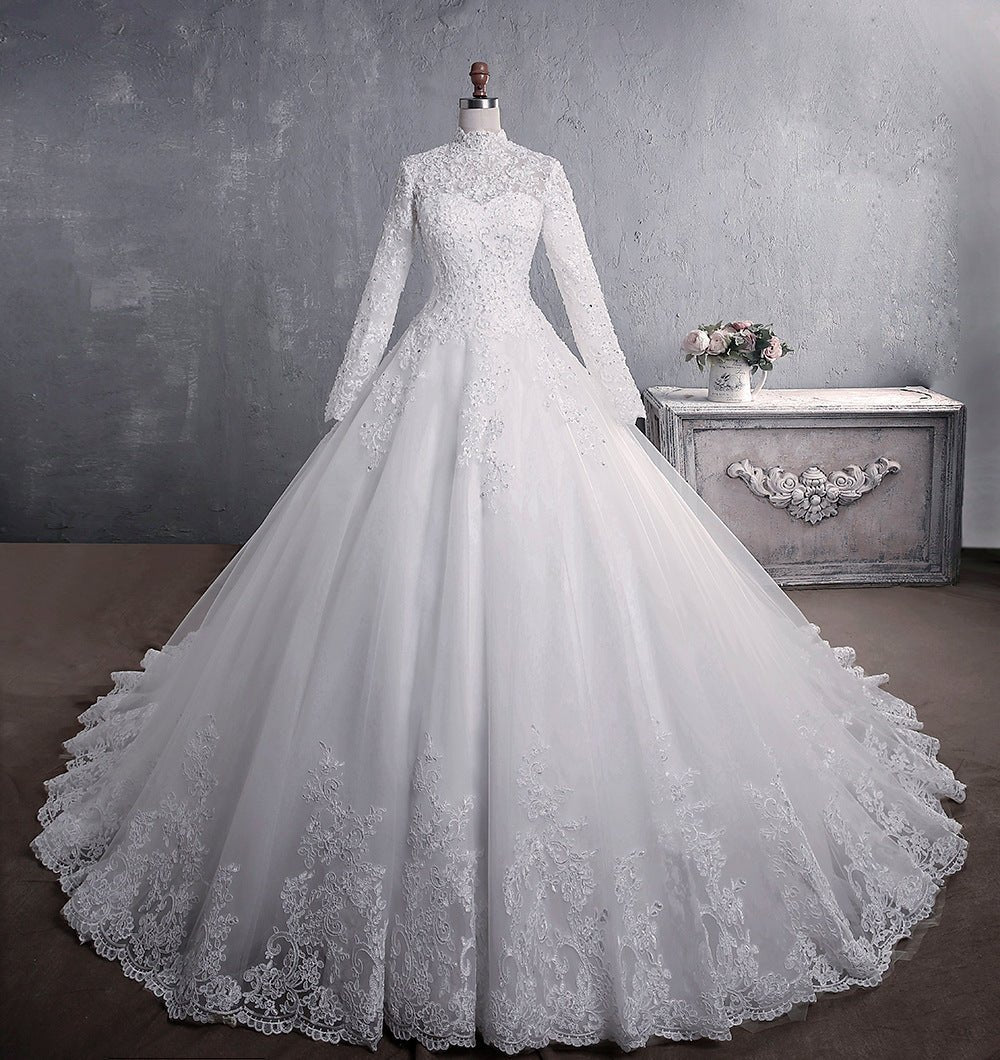 Lace Wedding Dress Bridal Stand-up Collar Long-sleeved Large Tail Large Size - RICALOUX
