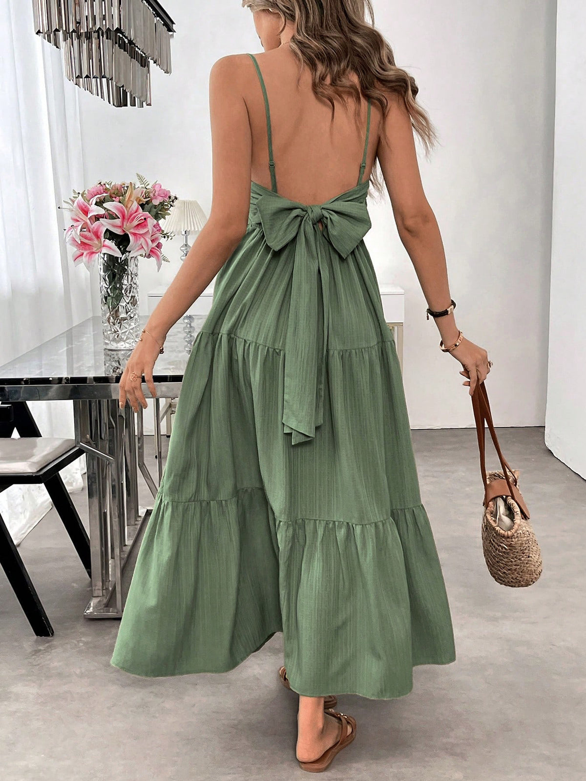 Backless Spaghetti-strap Tiered Maxi Dress With A Tie And A Large Bow At The Waist - RICALOUX