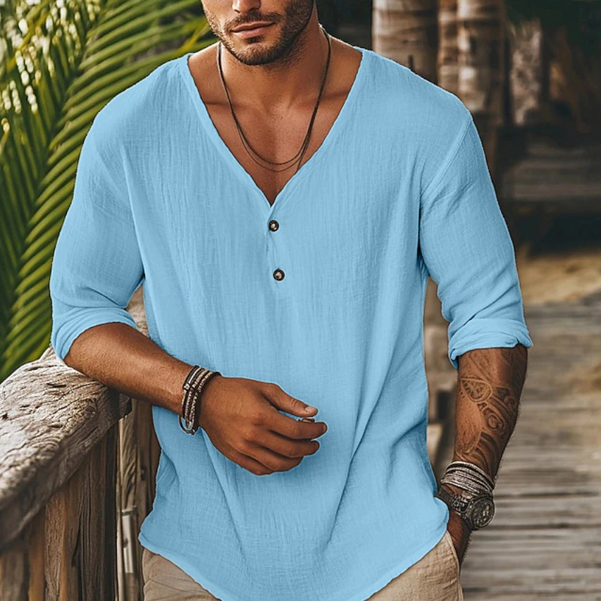Men's V-neck Lapel Long-sleeve Shirt by Ricaloux