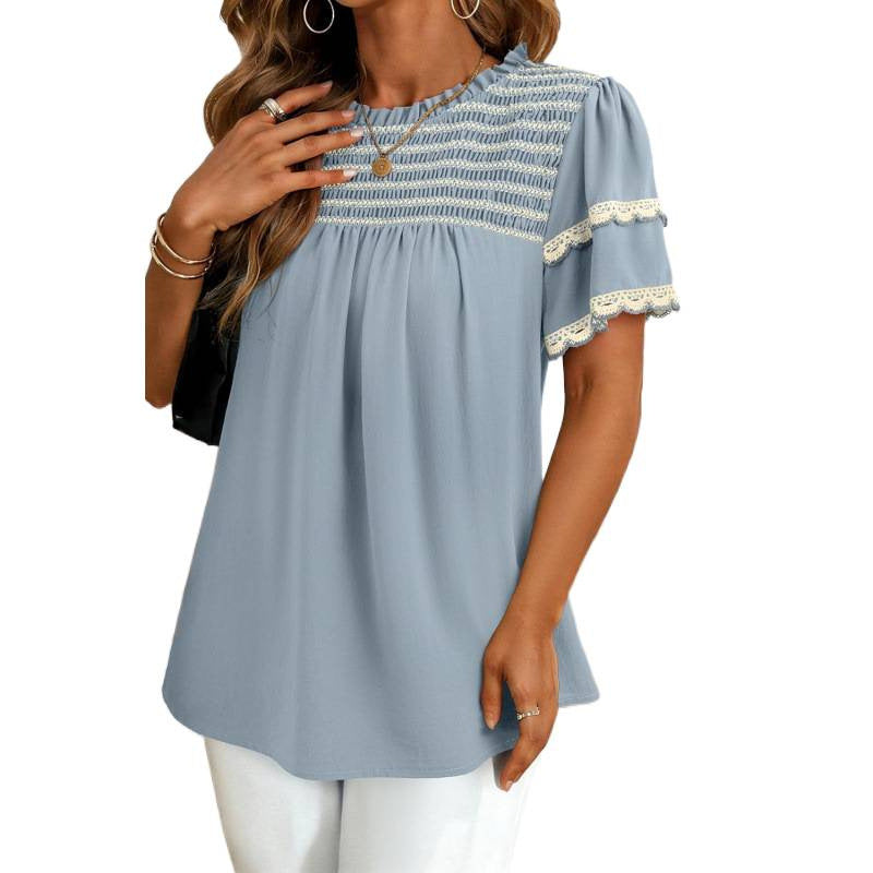 Womens Round-neck Ruffled Short-sleeve Blouse – Premium 0 | RICALOUX