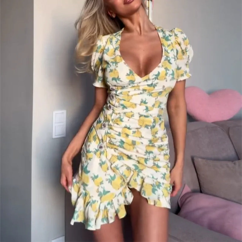 Sweet And Fresh V-neck Printed Ruffled Dress by Ricaloux