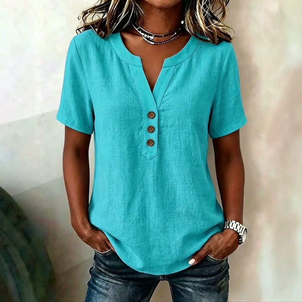 Casual Loose-fit Cotton-linen V-neck Button-up Top by Ricaloux