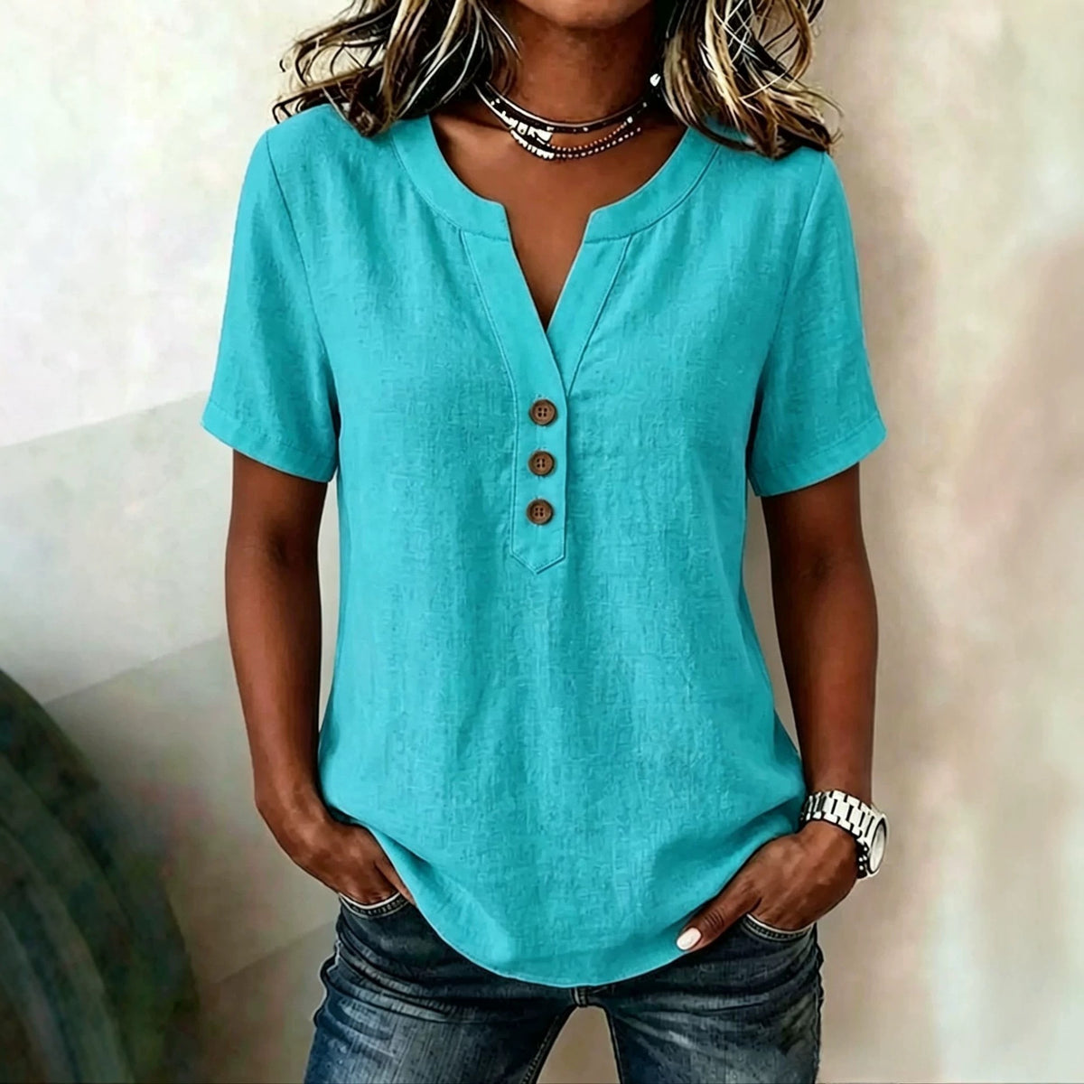 Casual Loose-fit Cotton-linen V-neck Button-up Top by Ricaloux
