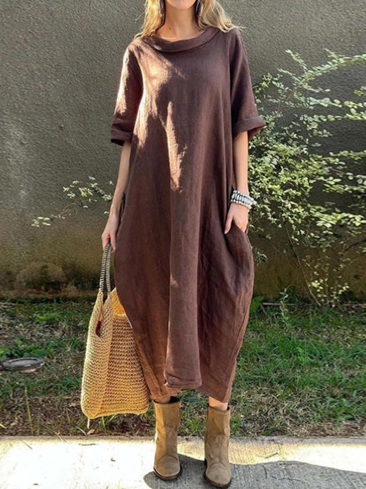 Casual Loose-fitting Round-neck Mid-sleeve Maxi Dress With A Flared Hem by Ricaloux