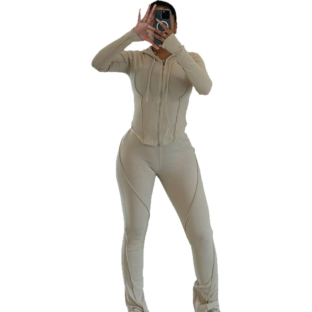 Womens Fashion Ribbed-Stripe Casual Sports Set by Ricaloux