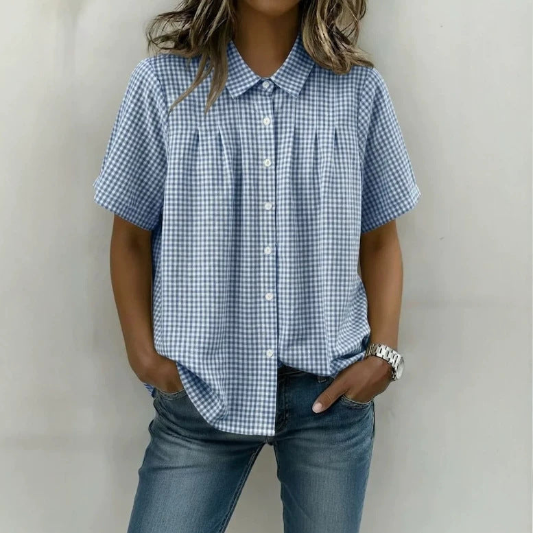 Womens Relaxed-fit Casual Lapel-neck Plaid Short-sleeve Shirt by Ricaloux