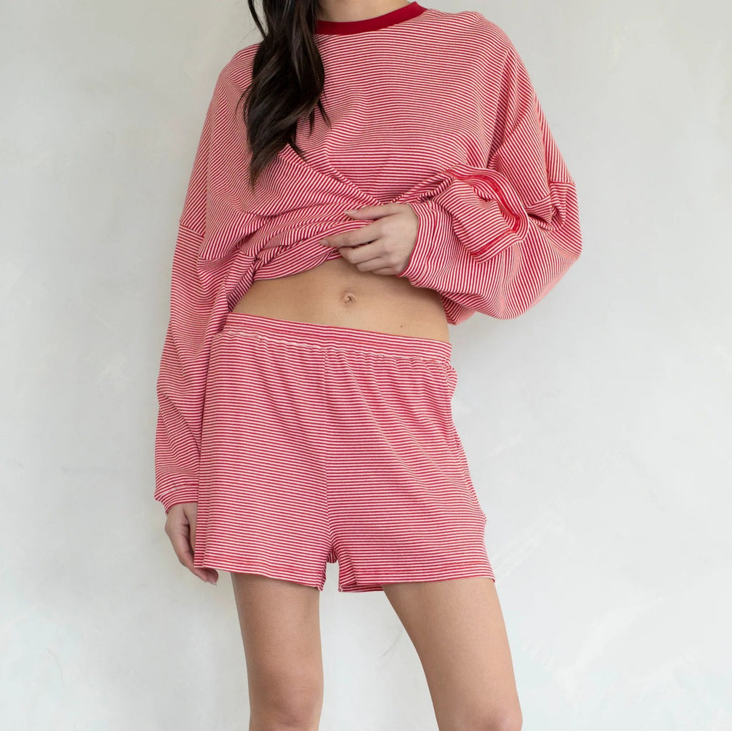 Striped Color Block Crew Neck Long Sleeve T-Shirt And Shorts Two Piece Set by Ricaloux