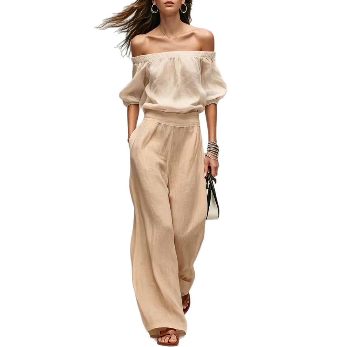 Cinched-top Blouse And Linen-textured Wide-leg Pants Set – Premium 0 | RICALOUX