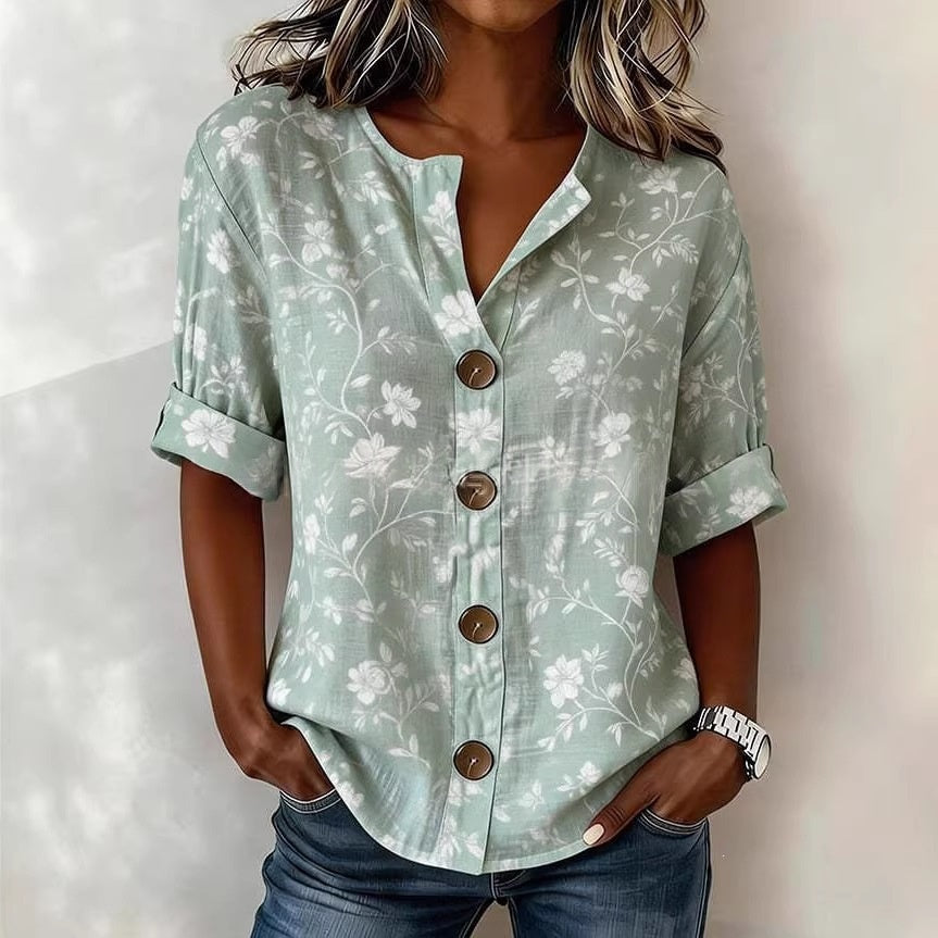Lantern-sleeve Printed Button-up Womens Blouse by Ricaloux