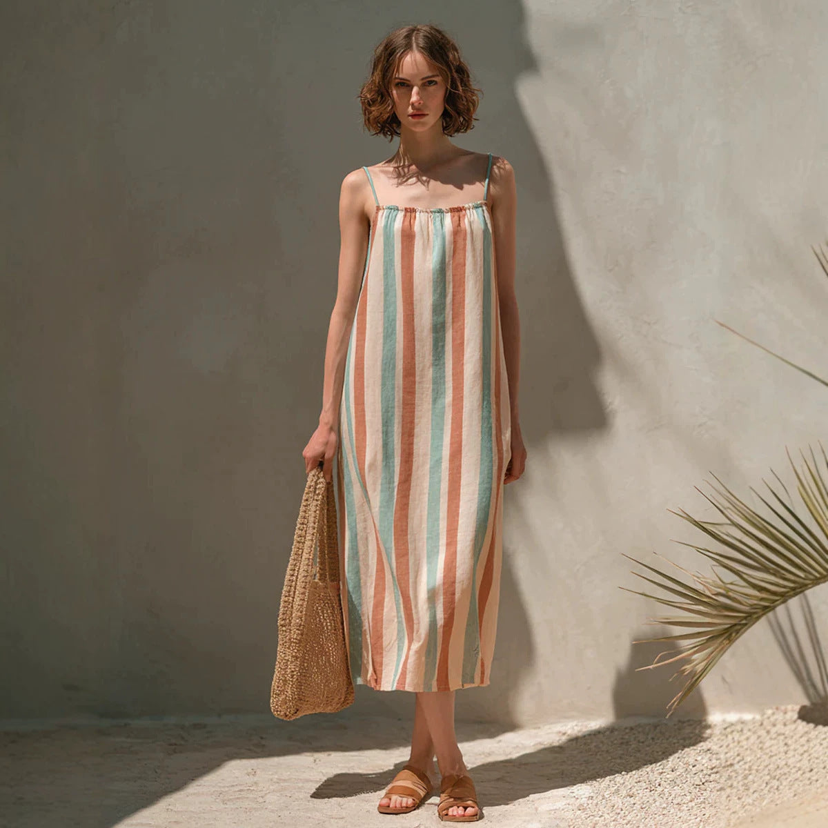 Womens Minimalist Striped Strap Midi Dress by Ricaloux