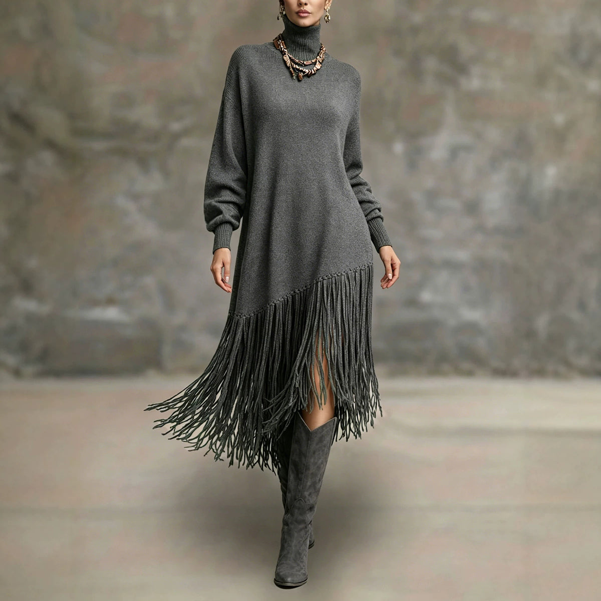 Womens Long Tassel Solid-Color Versatile Dress by Ricaloux