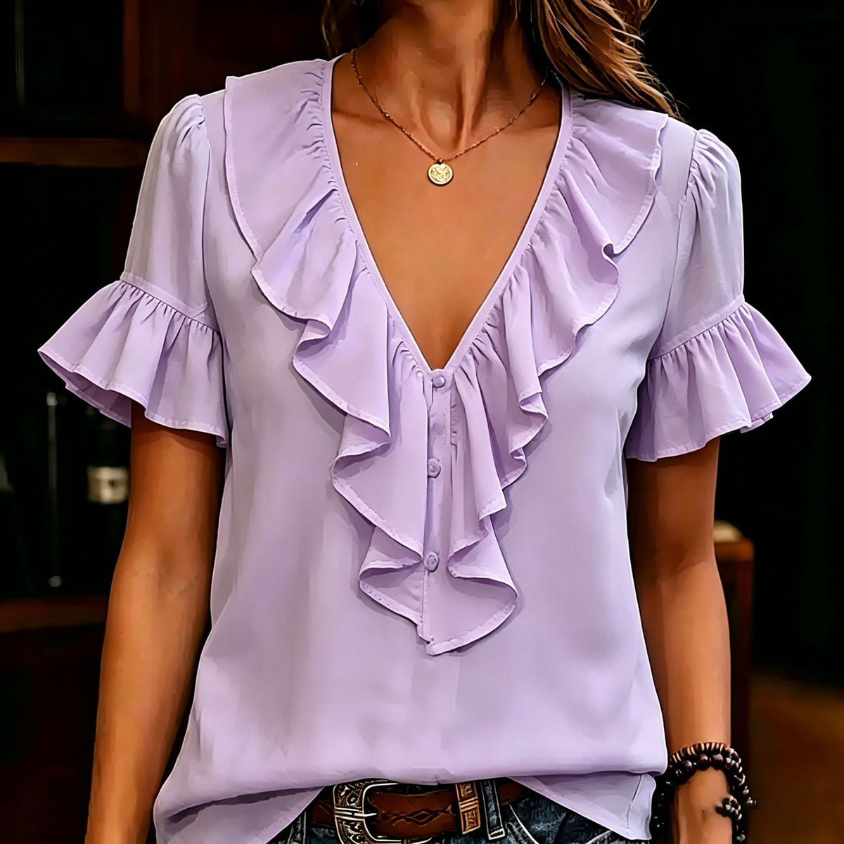 Womens Short-Sleeved T-Shirt With Ruffled Hem And V-Neck by Ricaloux