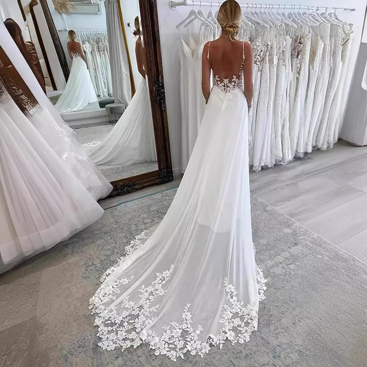Strap Fishtail Wedding Dress Bridal Slim Satin Lace Dress - RICALOUX