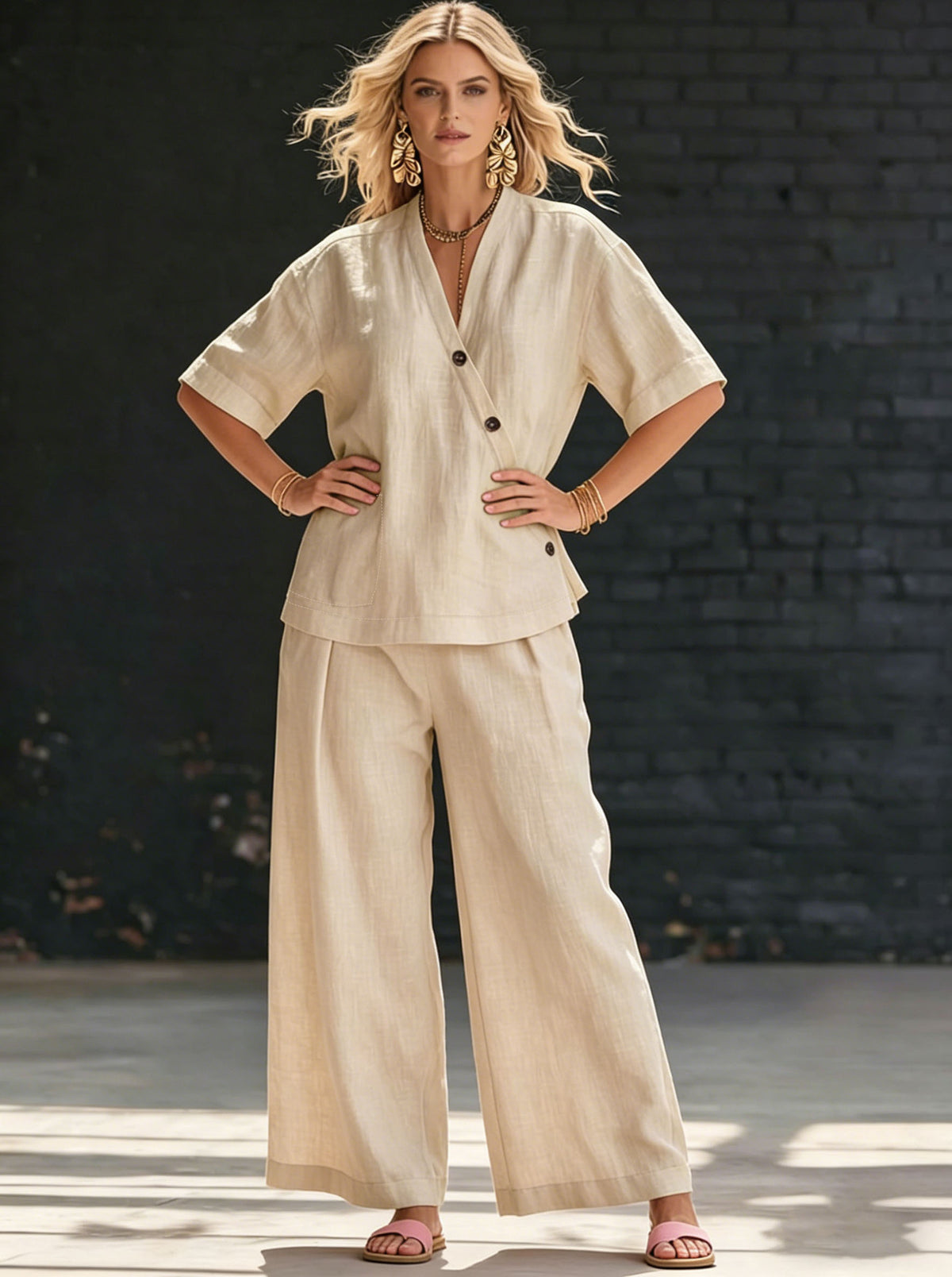 Womens V-neck Short-sleeve T-shirt And High-waisted Trousers Set by Ricaloux