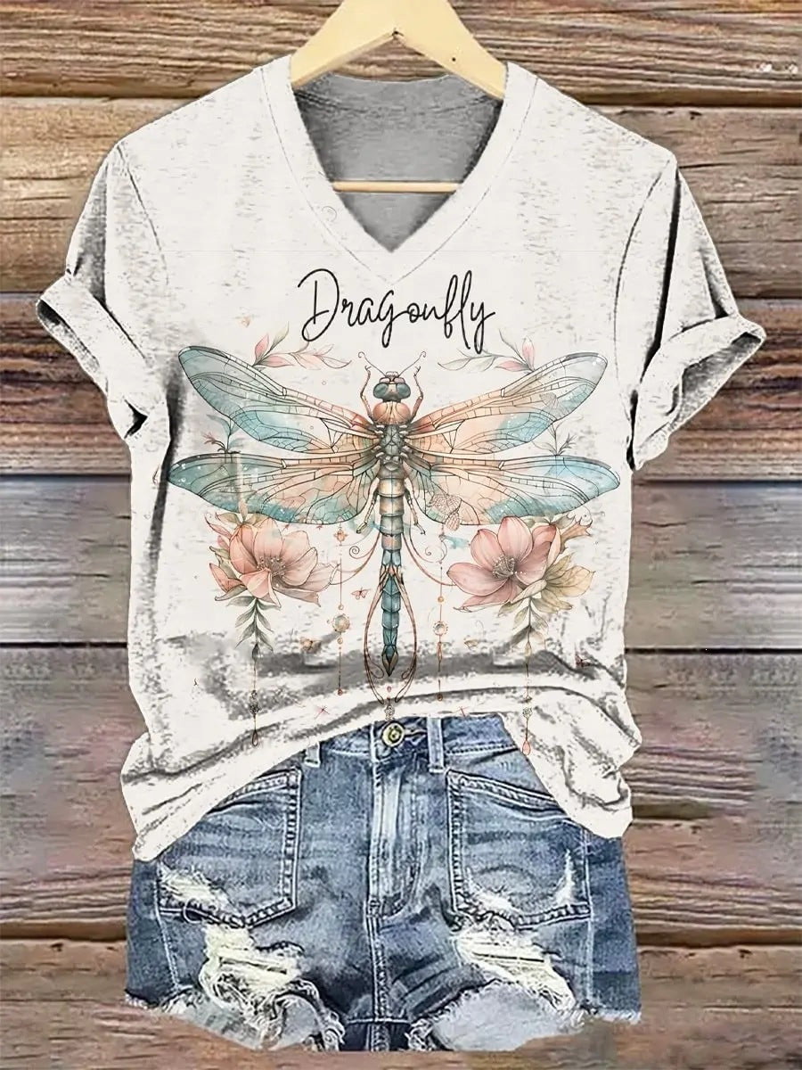 Womens Fashionable Loose-fit Casual V-neck Short-sleeve Top by Ricaloux