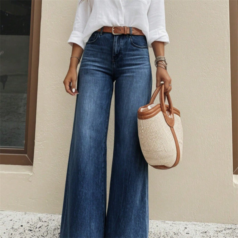 New American-style Loose-fitting High-waisted Figure-flattering Flared Wide-leg Denim Pants That Drag On The Floor by Ricaloux