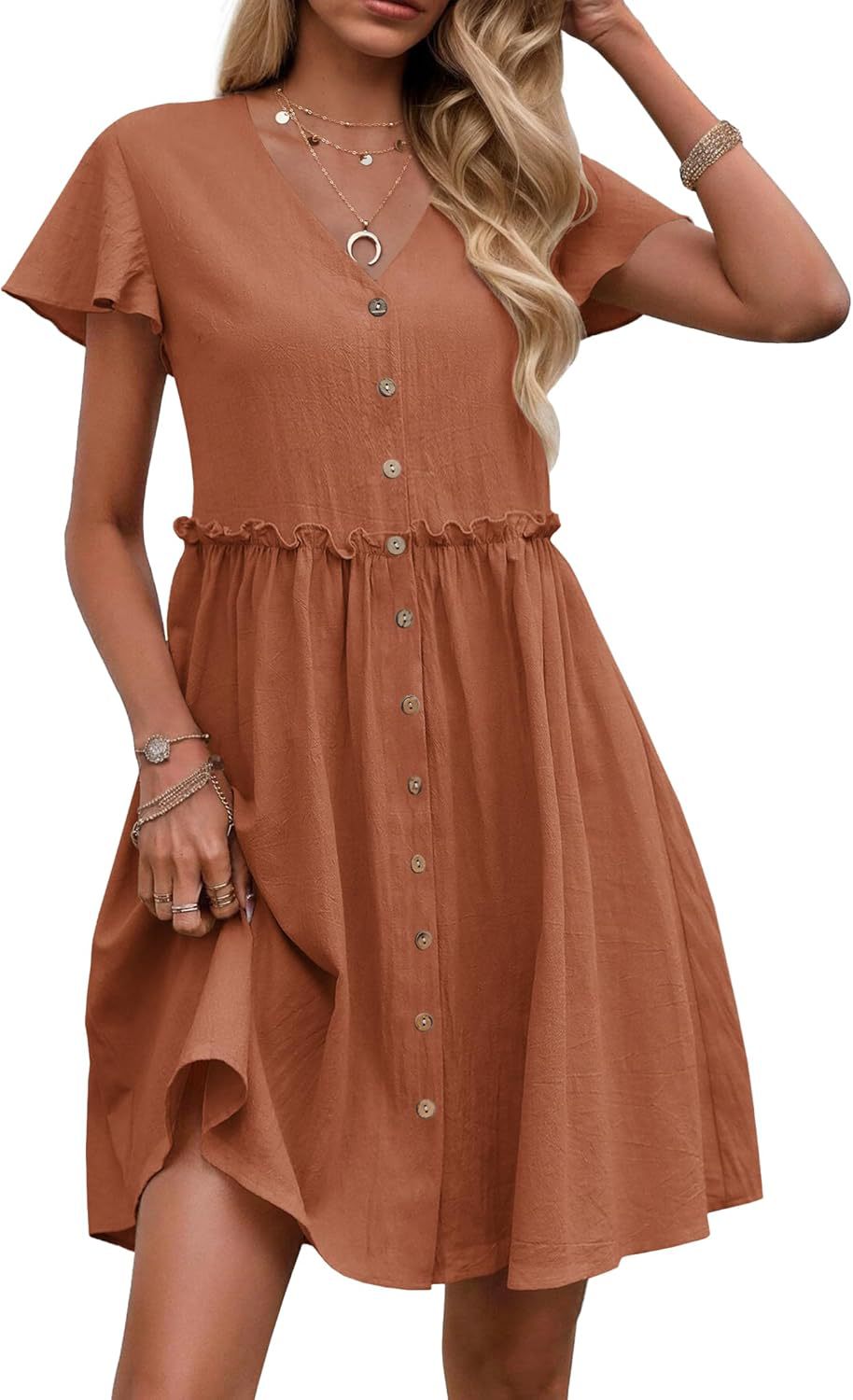 Bohemian-style Vacation V-neck Short-sleeve Ruffled Womens Dress by Ricaloux