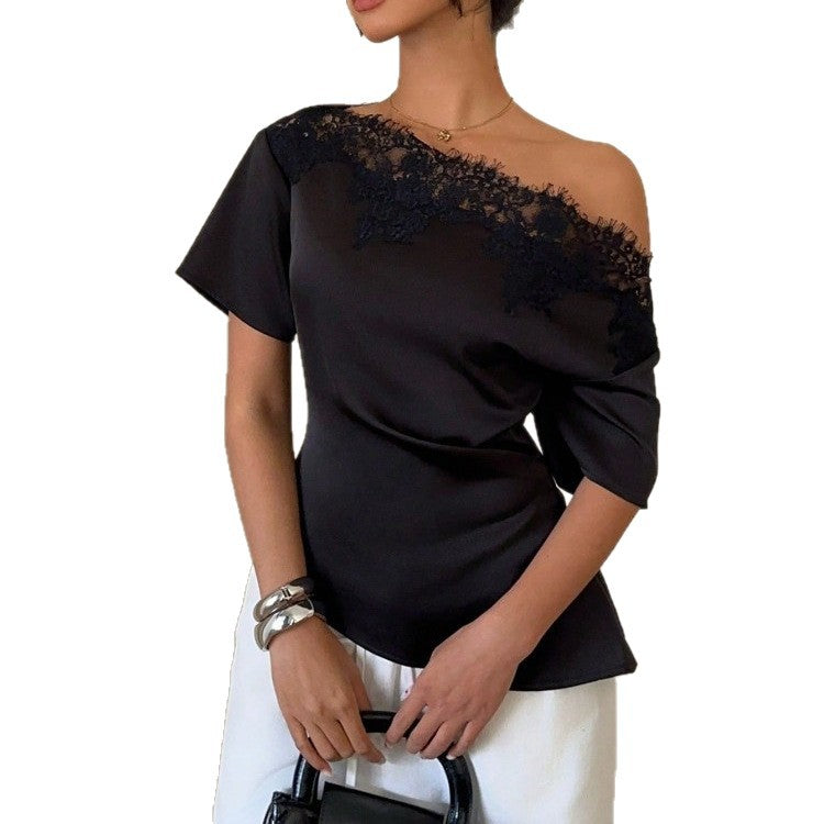 Womens New Solid-color Lace-trimmed Top by Ricaloux