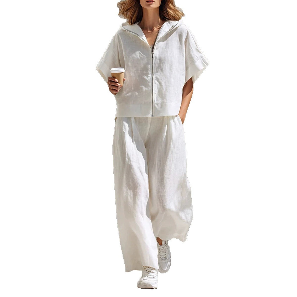 Hooded Zip-up Linen Top And Relaxed Wide-leg Pants Set by Ricaloux