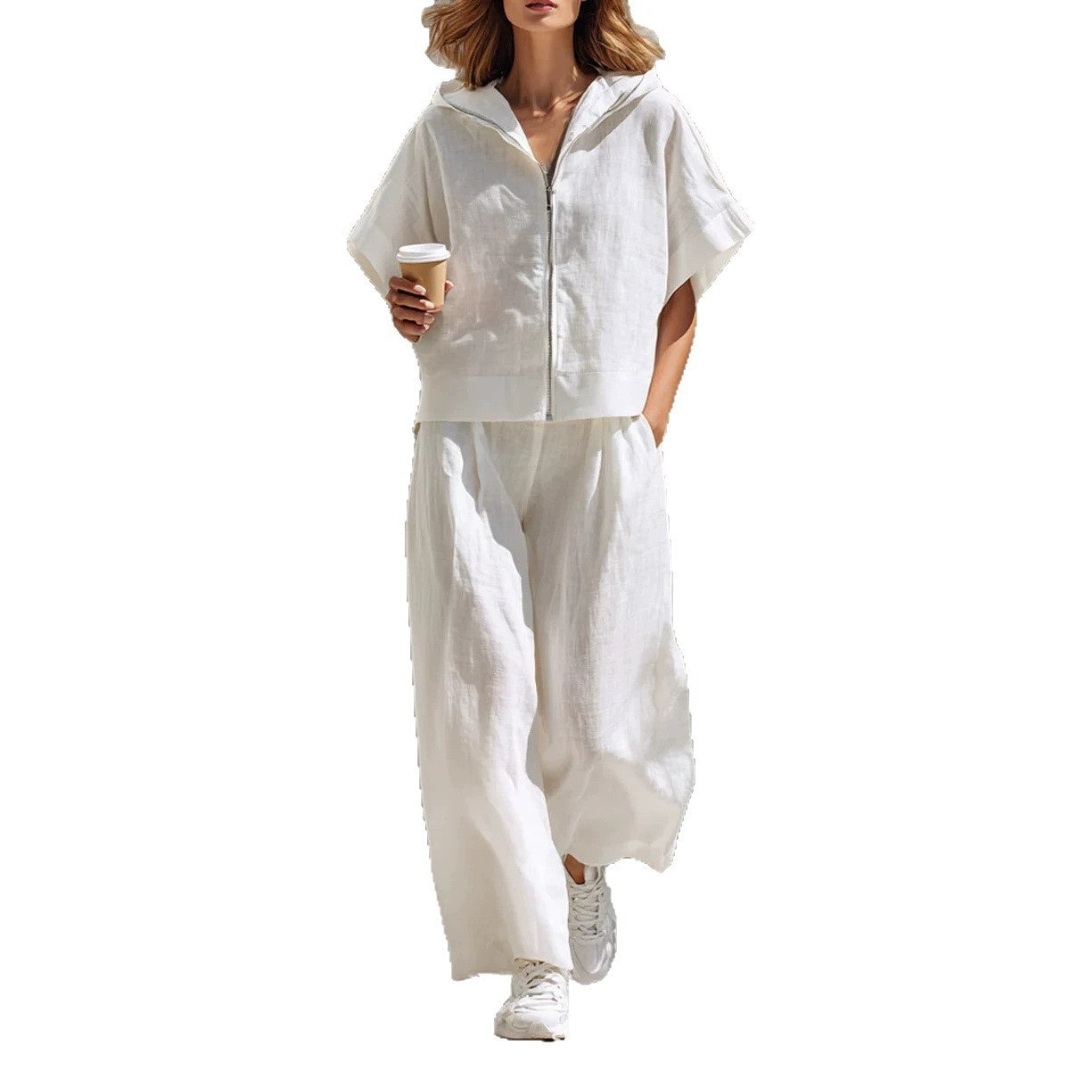 Hooded Zip-up Linen Top And Relaxed Wide-leg Pants Set by Ricaloux