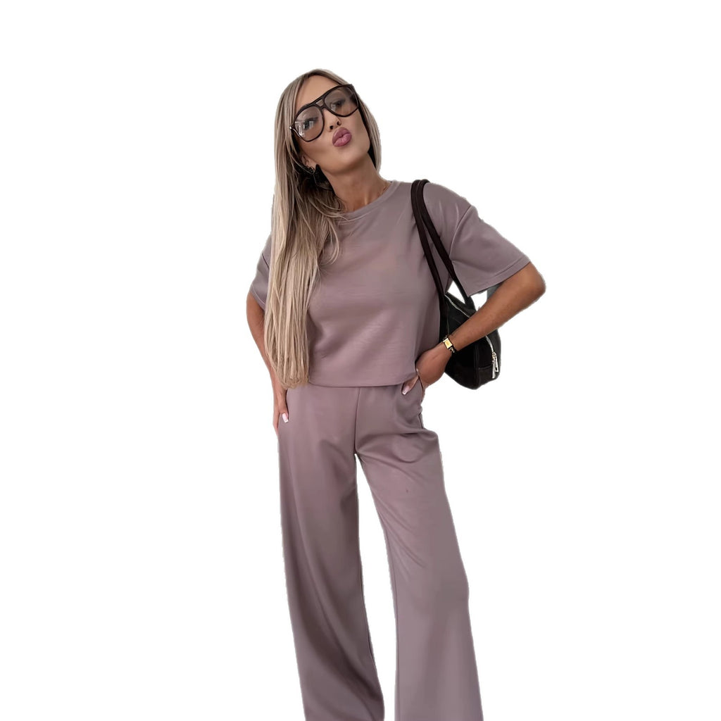 Short-sleeve Top And Wide-leg Pants Rose-pink Two-piece Womens Set – Premium 0 | RICALOUX