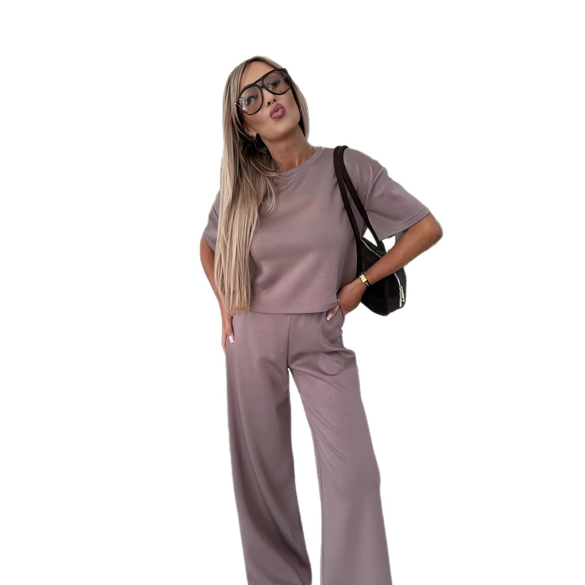 Short-sleeve Top And Wide-leg Pants Rose-pink Two-piece Womens Set – Premium 0 | RICALOUX