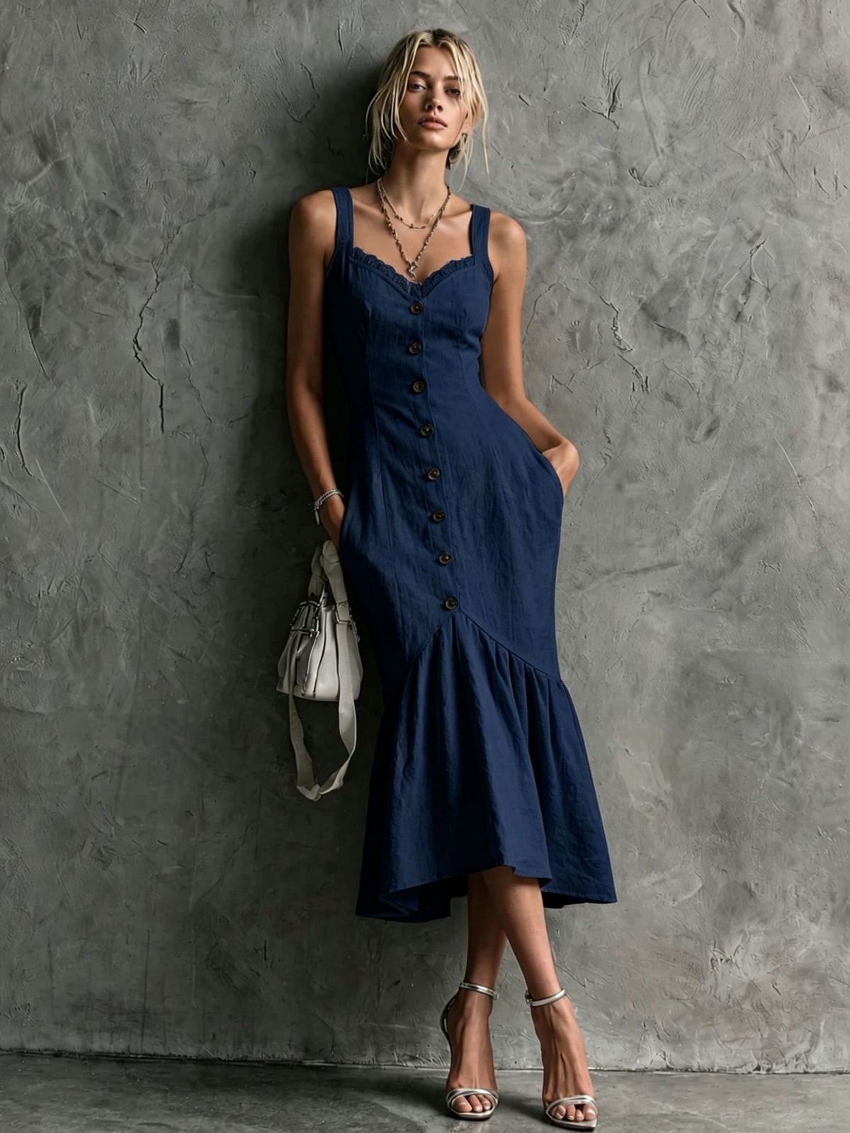 Womens Lace-Trimmed Buttoned Strap Fishtail Long Dress by Ricaloux