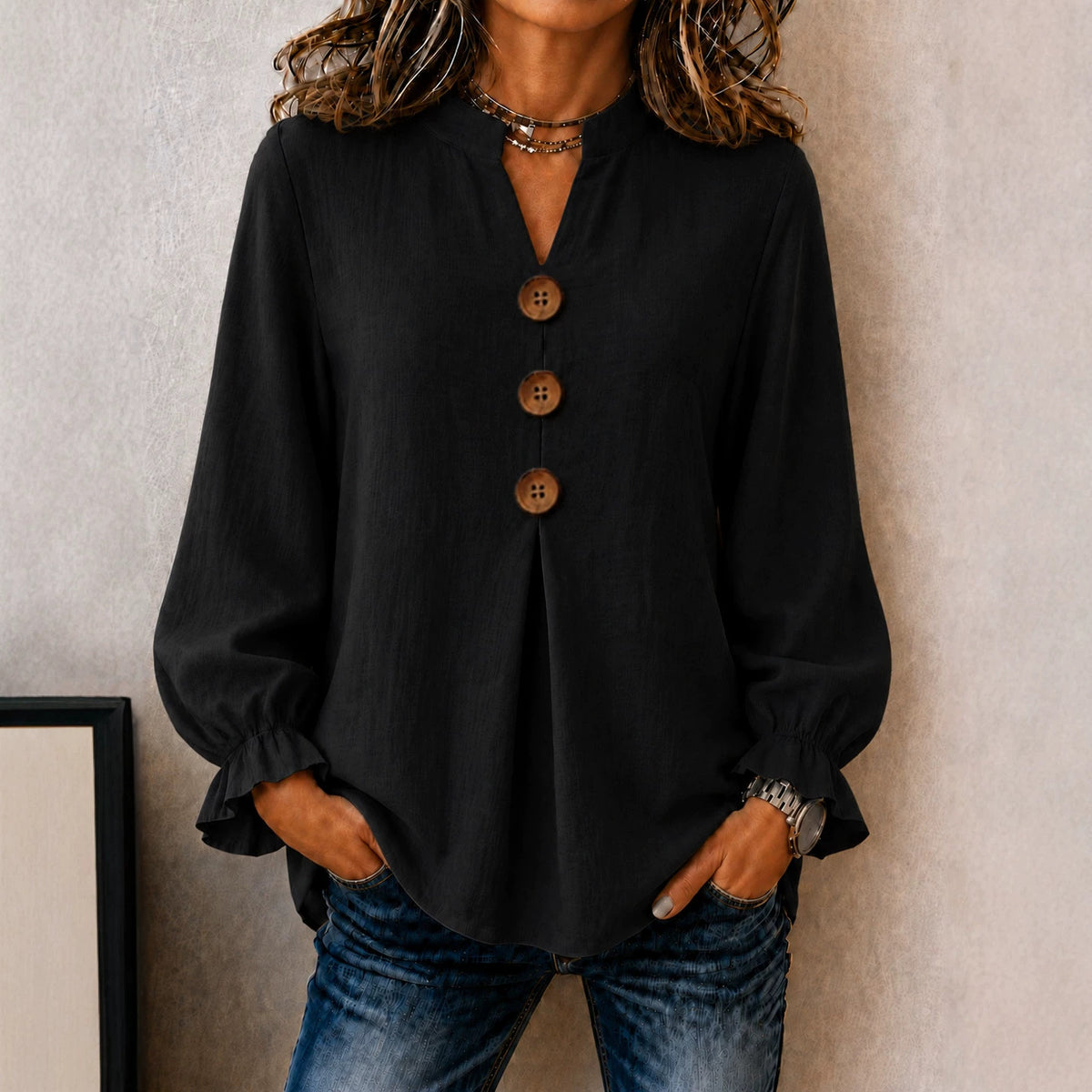 New Womens Fashion Long-sleeve V-neck Solid-color Button-up Top For Fall And Winter – Premium 0 | RICALOUX