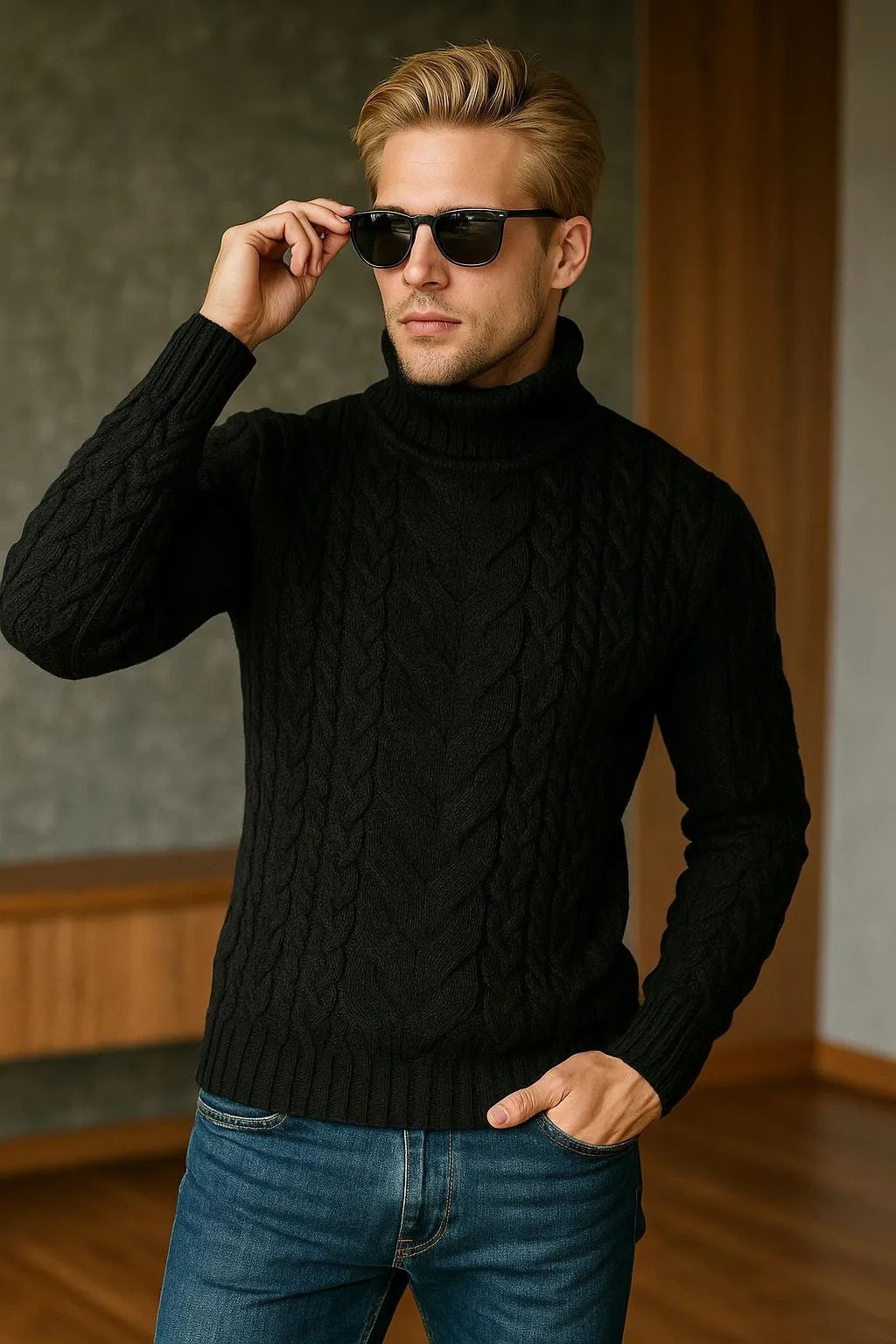Mens Turtleneck Cable-Knit Sweater In Plus Sizes by Ricaloux