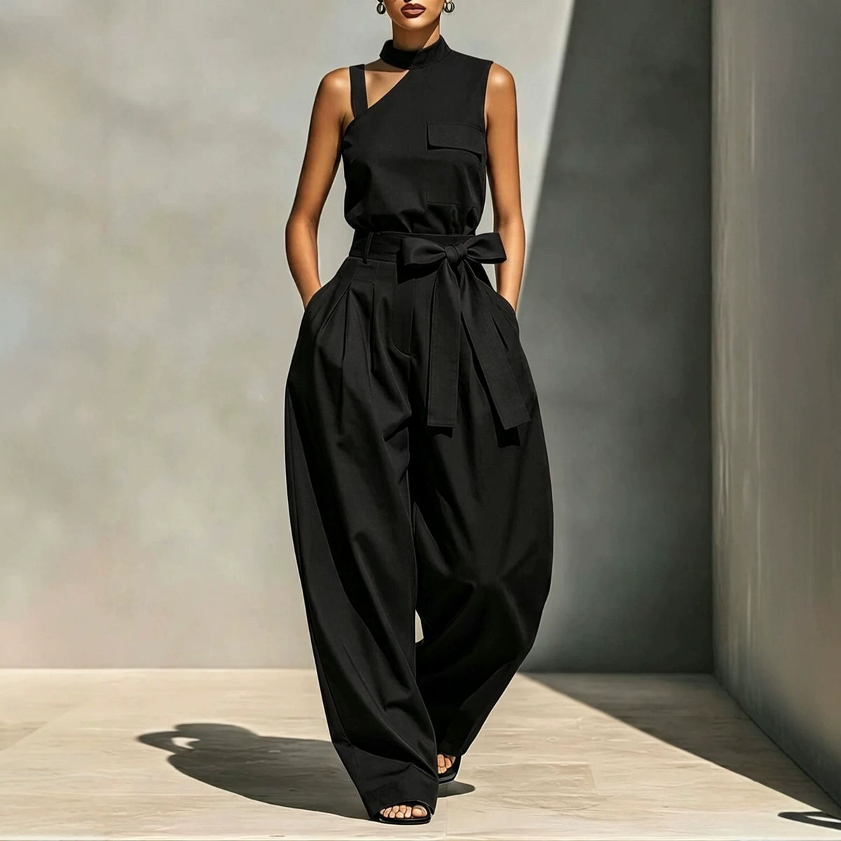 Off-shoulder Stand-collar Sleeveless Jumpsuit by Ricaloux