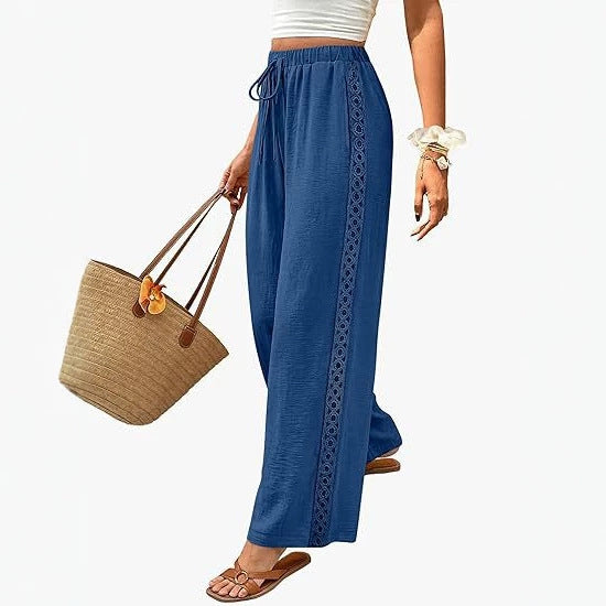 Womens Drawstring-waist Patchwork-lace Casual Loose-fitting Wide-leg Pants With Pockets – Premium 0 | RICALOUX