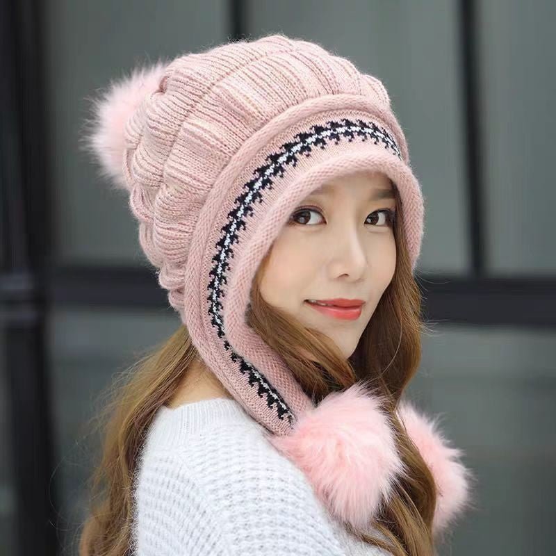 Cozy Knit Fleece-Feel Beanie With Ear Flaps & Pompom Warm Winter Hat For Women Perfect For Skiing & Outdoor Activities - RICALOUX