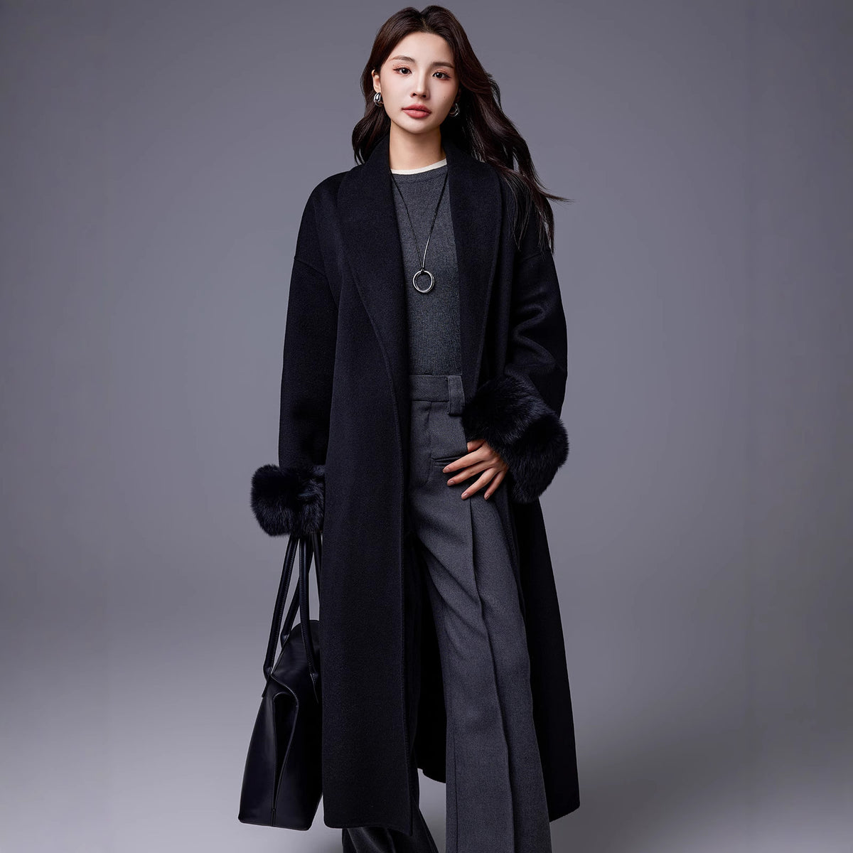 Thickened Coat With Fox-fur Sleeves Womens Belted Wool Blend by Ricaloux