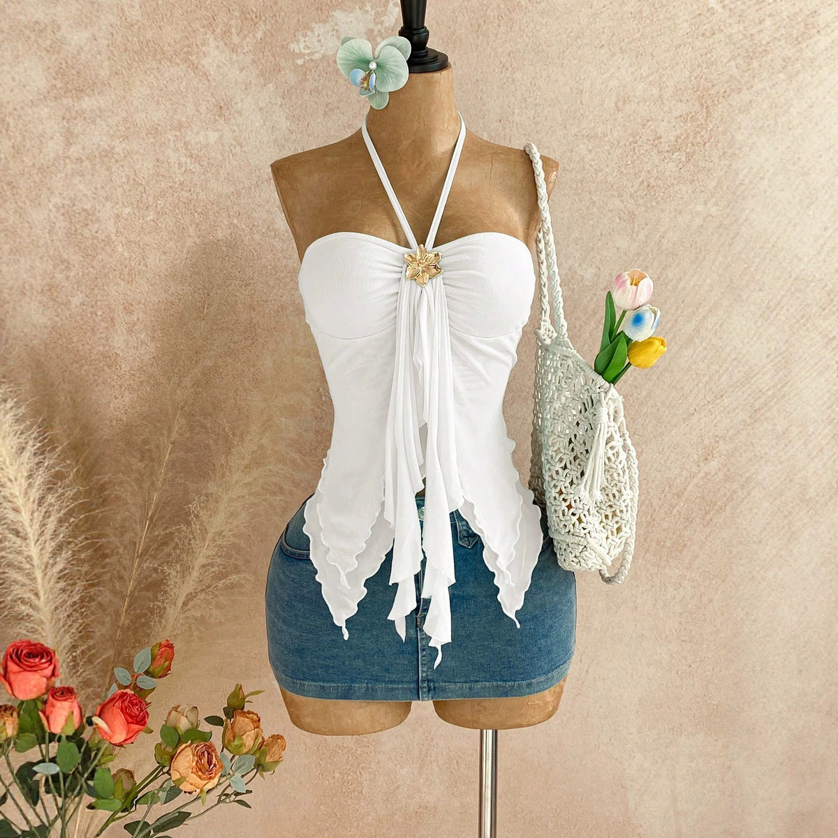 Womens Solid-color Double-layer Mesh Halter Tube Top Vest – Premium 0 | RICALOUX