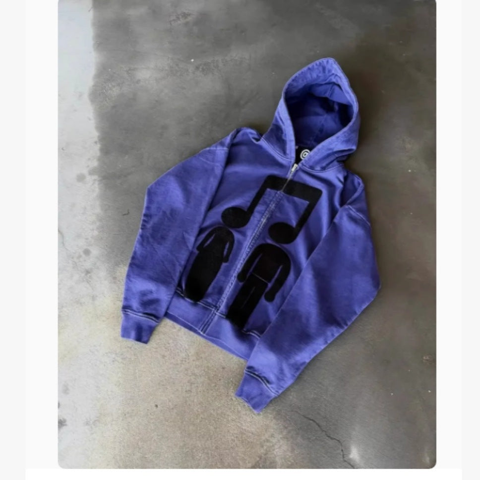 Printed Zip-Up Hoodie Loose-Fit Sweatshirt by Ricaloux