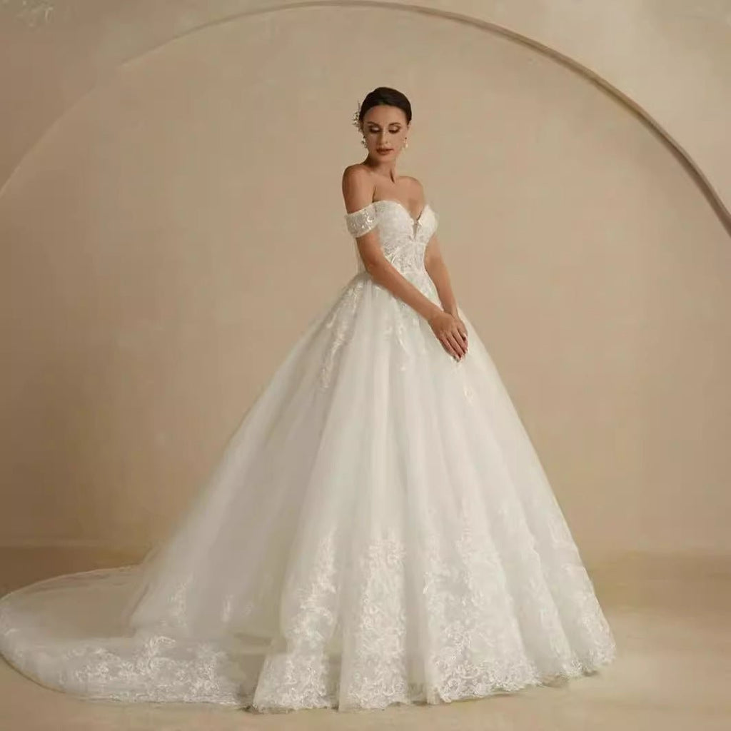 Off-shoulder Bridal Main Wedding Dress Elegant Court Style High-grade Luxury French Light Door Yarn - RICALOUX