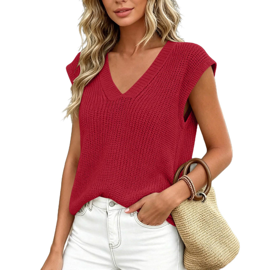 Summer Thin Knit Vest Loose Sleeveless Camisole Top V-neck Sweater Top by Ricaloux