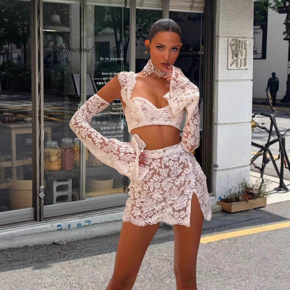 Sexy Sheer Flared-sleeve Top And Skirt Set – Premium 0 | RICALOUX