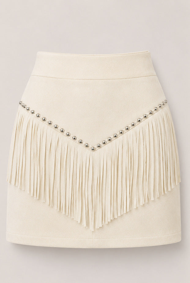 Retro Tassel-studded Faux Suede A-line Mini Skirt by Ricaloux