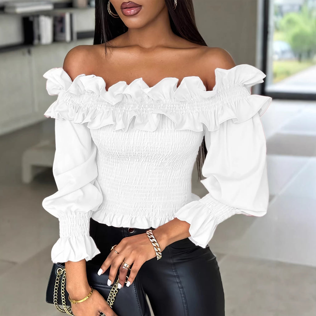 Womens Off-shoulder Ruffled Lantern-sleeve Blouse by Ricaloux