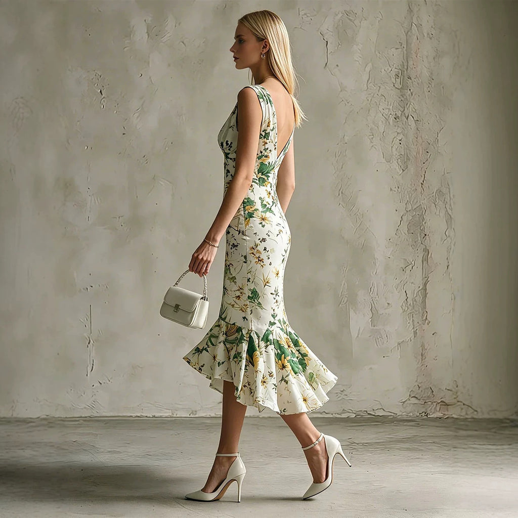 Printed White Sleeveless V-neck Ruffled Dress – Premium 0 | RICALOUX