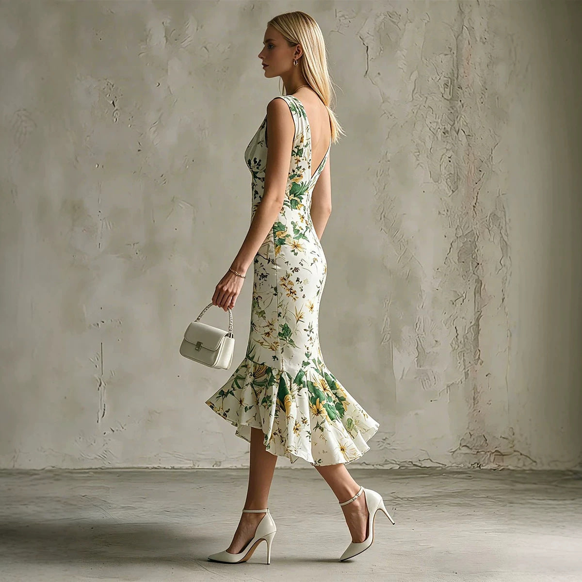 Printed White Sleeveless V-neck Ruffled Dress – Premium 0 | RICALOUX