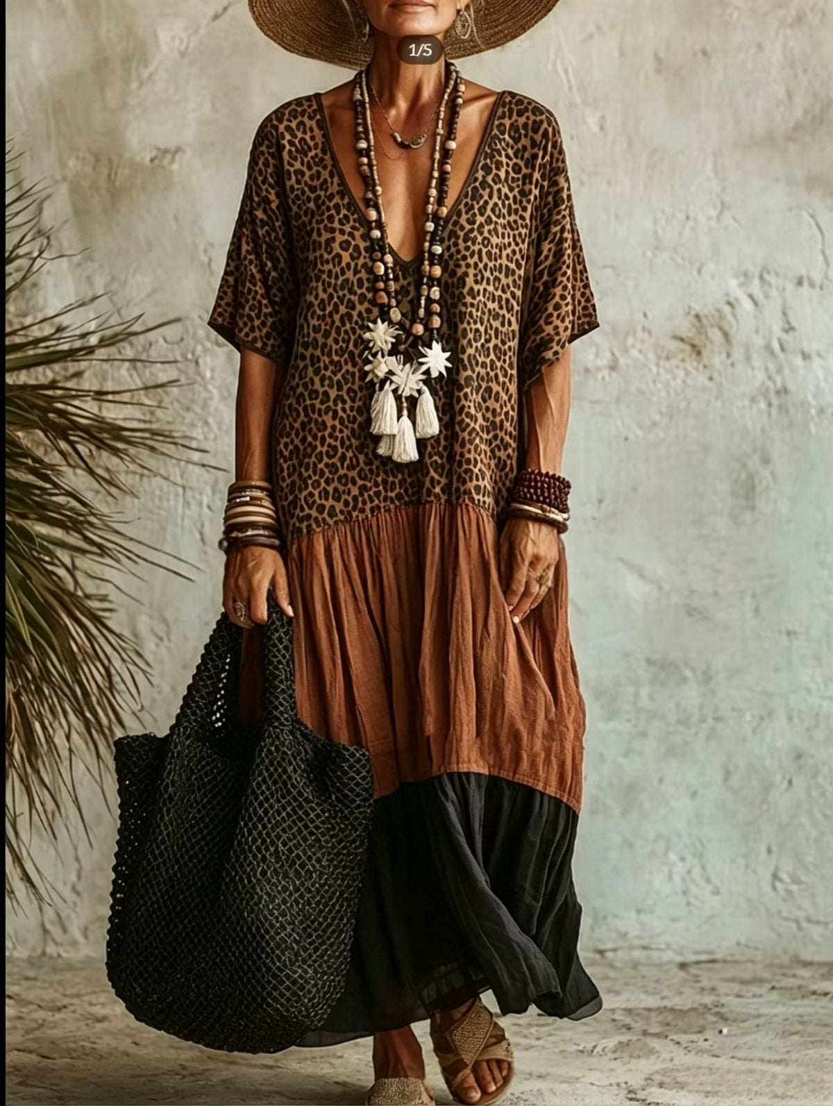 Casual Leopard-Print Colorblock V-Neck Dress by Ricaloux