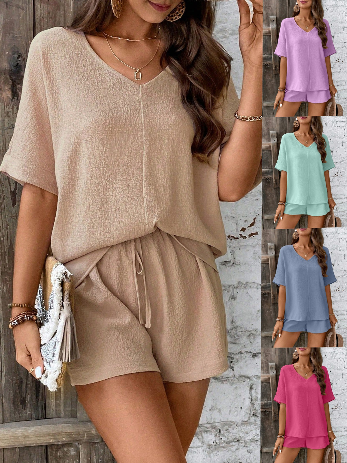 Women's Textured V-Neck Short Sleeve Top & Drawstring Shorts Two Piece Set - Casual Loose Loungewear Set – Premium 4 | RICALOUX