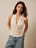 New Womens V-neck Sleeveless Draped Halter Top – Premium 0 | RICALOUX
