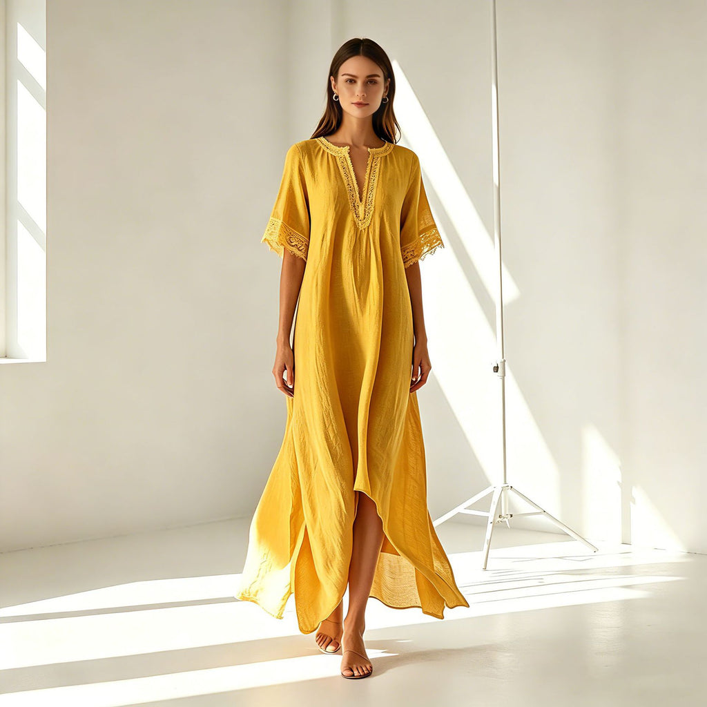 V-neck Short-sleeve Slit Bohemian Resort Dress by Ricaloux