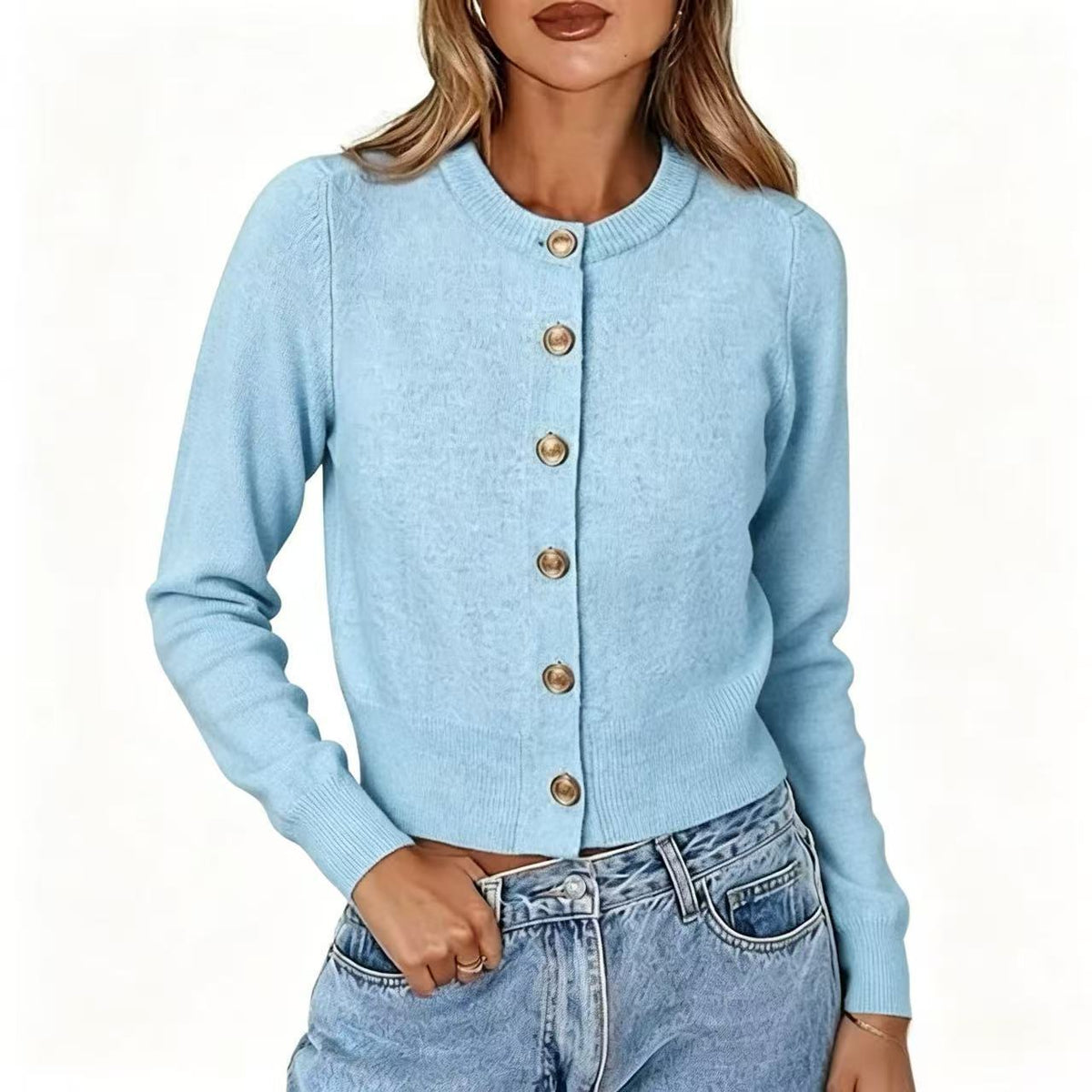 Autumn Casual Crew-neck Single-breasted Long-sleeve Cropped Knit Cardigan – Premium 0 | RICALOUX